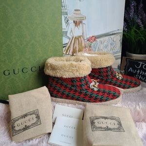 GUCCI Red Green HOUNDSTOOTH WOOL Gold Horsebit Ankle BOOTS